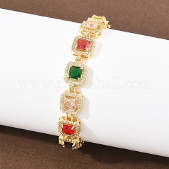 Quadratische Armbänder aus Messing mit Mikropavé-Fassung aus klaren Zirkonia und Glasgliedern&nbsp;BJEW-T025-04G-02