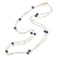 Collares largos de cadena Boston de latón con lapislázuli natural redondo y perla de concha&nbsp;NJEW-JN05722-01
