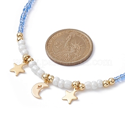 Collana con pendente in ottone con luna e stella con catene di perline di semi di vetro da donna&nbsp;NJEW-JN04391