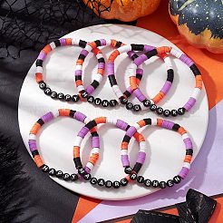 Braccialetti elasticizzati con perline in acrilico e argilla polimerica fatti a mano con parola di Halloween&nbsp;BJEW-JB10887