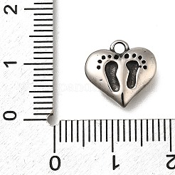 レトロな304ステンレススチールチャーム  足跡チャーム付きハート  アンティークシルバー  12x12.5x3mm  穴：1.8mm&nbsp;STAS-L284-18AS-04