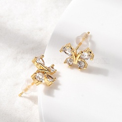 Серьги-гвоздики с бабочками из латуни с микропаве из прозрачных кубических цирконий&nbsp;EJEW-P331-07G
