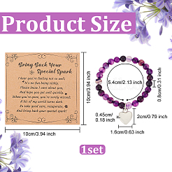 Круглый эластичный браслет из бисера из натурального полосатого агата с подвеской в виде сердца из сплава&nbsp;BJEW-OC0001-09C