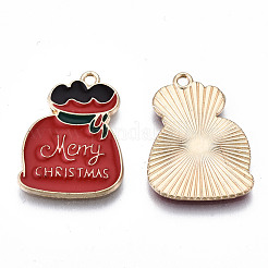 環境に優しい合金エナメルペンダント  カドミウムフリーと鉛フリー＆ニッケルフリー  メリークリスマスという言葉が入った福袋  ライトゴールド  クリムゾン  21x16x1.2mm  穴：1.5mm&nbsp;X-ENAM-Q437-066-NR