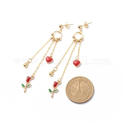 エナメル ハート ＆ ローズ ダングル スタッド ピアス  バレンタインデーのための金メッキ合金ロングタッセルドロップイヤリング  レッド  80mm  ピン：0.8mm&nbsp;EJEW-JE05041-02