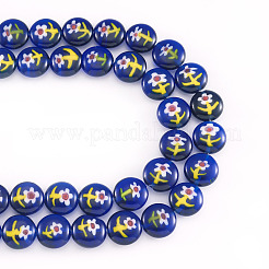 2連売りの手作りランプワークビーズ連売り  花付きフラットラウンド  ブルー  10.5x4.5~5mm  穴：0.5mm  約38個/連  14.84''（37.7センチメートル）&nbsp;LAMP-TADJ0001-13A
