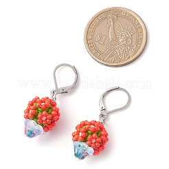 ガラスシードビーズフレンチフックピアス  304ステンレススチールフレンチフックピアス金具付き  花  プラチナ  レッド  39.5x14.5mm&nbsp;EJEW-MZ00324-01