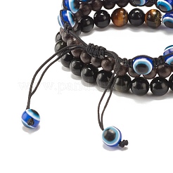 3 pièces 3 styles obsidienne naturelle et oeil de tigre et bois ensemble de bracelets extensibles&nbsp;BJEW-JB07622