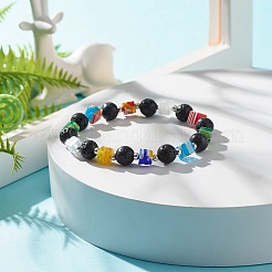 Bracciale elasticizzato in pietra lavica naturale e perle di vetro millefiori&nbsp;BJEW-JB07489