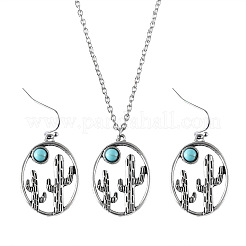 Комплекты сережек-подвесок и колье с кулонами из сплава и синтетической бирюзы&nbsp;FS-WG3DEAB-01