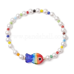 Braccialetti elastici con perle di conchiglia rotonde e perline di semi di vetro&nbsp;X1-BJEW-TA00637