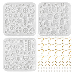 クローバーシリーズ DIY シリコンオーナメント型 3種類 3個  UVレジン用  エポキシ樹脂工芸品作り  50個のプラスチック製イヤーナット付き  ピアスフック24個とジャンプリング24個  混合図形  ゴールドカラー  ホワイト  120x115x4mm  穴：2mm  内径：8~42x7~23mm&nbsp;SIMO-TA0001-22