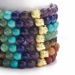 7 pièces 7 bracelets extensibles de pierres précieuses mélangées naturelles et synthétiques de style avec tête de bouddha en alliage perlé&nbsp;BJEW-JB08783