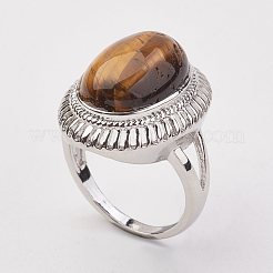 天然タイガーアイの指輪  真鍮リングパーツと  プラチナ  オーバル  サイズ8  18mm&nbsp;X-RJEW-P122-13