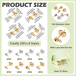 32 шт. 8 стиля фурнитуры для сережек-гвоздиков из нержавеющей стали 304 STAS-TA0002-96