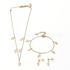 304ステンレススチールジュエリーセット  アズキチェーンペンダントネックレス＆スタッドピアス＆ブレスレット  カニカン付き  葉  ミックスカラー  17.83インチ（45.3cm）  7.32インチ（18.6cm）  21mm  ピン：0.7mm&nbsp;SJEW-Z001-12
