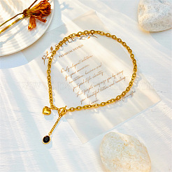 Ожерелья из сплава с подвеской в виде овального сердца из черного стекла с застежками-тогглами&nbsp;FS-WGED1AD-01