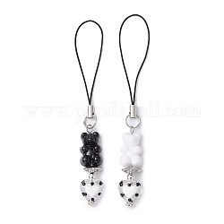 2Pcs 2 Colors Opaque Bear Acrylic Mobile Straps, with Handmade Lampwork Heart Beads and Polyester Cord Mobile Accessories Decoration, Mixed Color, 10.2cm, 1pc/color