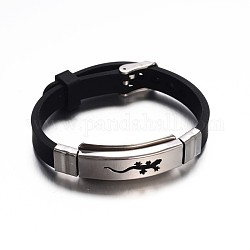 Bijoux bracelets de cordon en caoutchouc de couleur noire, avec accessoires en 304 acier inoxydable et les fermoirs de bande de montre, rectangle avec gecko, couleur inoxydable, 225x10mm