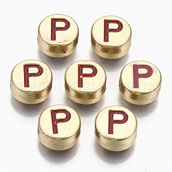 Perline smaltato in lega,  cadmio& piombo libero, tondo piatto con lettere iniziali, oro chiaro, marrone, letter.p, 8x4mm, Foro: 1.5 mm