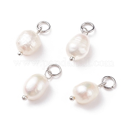 Breloques de perles d'eau douce de culture naturelles de grade b, avec anneaux de jonction en 304 acier inoxydable, riz poli, platine, 13.5~15x7~7.5x5~6mm, Trou: 3.6mm