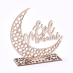 Eid Mubarak Wooden Ornaments, Ramadan Wood Tabletop Decoration, Moon with Word, Blanched Almond, 147x145x3mm