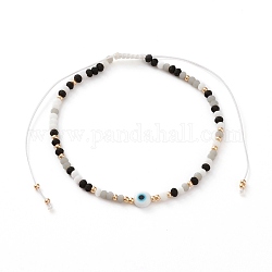 Bracelets réglables de perles tressées avec cordon en nylon, avec le mal de perles au chalumeau des yeux, perles de rocaille en verre fgb et perles de verre dépoli, noir, diamètre intérieur: 2-1/8~4-1/8 pouce (5.3~10.3 cm)