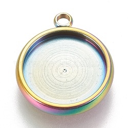 Ion Plating(IP) 304 Stainless Steel Pendant Cabochon Settings, Lace Edge Bezel Cups, Flat Round, Rainbow Color, Tray: 12mm, 17x14.5x3mm, Hole: 1.8mm