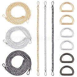PandaHall Elite 6Pcs 6 Style Aluminum Curb Chain Bag Straps, with 6Pcs 3 Colors Iron D Rings, Buckle Clasps, Purse Making Supplies, Mixed Color, Strap: 40~120cm, D Rings: 25x35x4.5mm