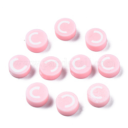 Бусины из полимерной глины , плоско-круглые с алфавитами , розовые, letter.c, 9x3.5~5 мм, отверстие : 1.6 мм