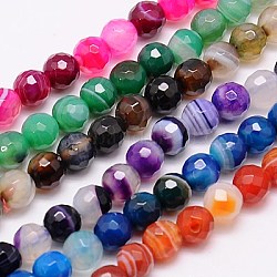 Natural Striped Agate/Banded Agate Beads Strands, Faceted, Dyed, Round, Mixed Color, 12mm, Hole: 1mm, about 33pcs/strand, 15.75 inch