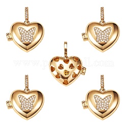 Brass Micro Pave Clear Cubic Zirconia Diffuser Locket Pendants, Long-Lasting Plated, Lead Free & Cadmium Free, Heart with Butterfly, Real 18K Gold Plated, 19x23x8mm, Hole: 5.5x3mm, 5pcs/box