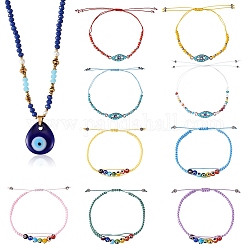 10 x geflochtene Perlenarmbänder im 10-Stil mit bösem Blick und Halsketten-Sets, verstellbares Schmuckset für Damen, Mischfarbe, 1-3/8~3-1/2 Zoll (3.3~9 cm) Innendurchmesser, 17.72 Zoll (45 cm), 1pc / style