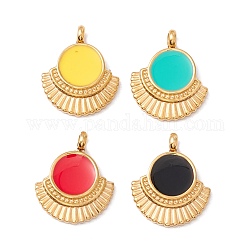 Vacuum Plating 304 Stainless Steel Enamel Pendants, Light Gold, Flat Round with Fan, Mixed Color, 18.5x15x4mm, Hole: 2.4mm