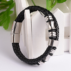 Braided Leather Cord Bracelets, with Stainless Steel Clasps, Black, 210mm