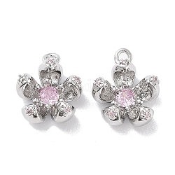 Brass Micro Pave Cubic Zirconia Charms, 5-Petals Flower Charms, Real Platinum Plated, 12.5x11.5x5mm, Hole: 1.2mm