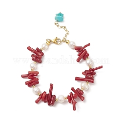 Pulsera de cuentas de coral sintético y perlas naturales con dijes de turquesa sintética (teñida), joyas de piedras preciosas para mujeres, rojo, 7-3/8 pulgada (18.6 cm)