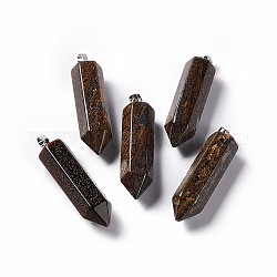天然ブロンズ石のダブル ターミネート ポインテッド ペンダント  プラチナトーンの真鍮パーツ  弾丸  39x10x10mm  穴：3x6mm