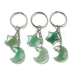 Reiki naturel vert aventurine lune et étoile pendentif porte-clés, avec des porte-clés en fer, 7.8 cm