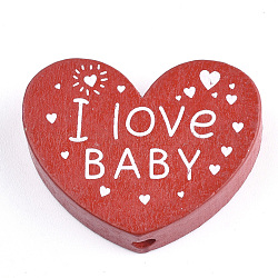 Des perles en bois naturel, teinte, coeur avec mot j'aime bébé, pour la Saint Valentin, rouge, 23x29x7mm, Trou: 2.5mm