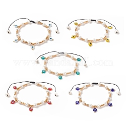 Glass Seed & Natural Pearl Braided Bead Bracelets, Evil Eye Lampwork Charm Bracelet for Women, Mixed Color, Inner Diameter: 2-1/8~4 inch(5.5~10cm)