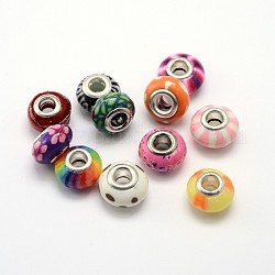 Handmade Polymer Clay Large Hole Rondelle European Beads, with Double Silver Color Plated Brass Cores, Mixed Color, 15x10mm, Hole: 4.5~5mm