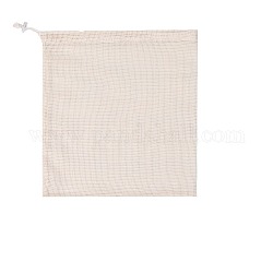 長方形のコットン収納ポーチ  プラスチックコードの端が付いた巾着袋  アンティークホワイト  30x24cm