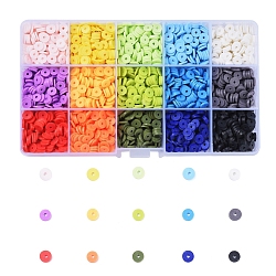15 couleurs de perles d'argile polymère faites à la main écologiques, pour les fournitures de bricolage bijoux artisanat, disque / plat rond, perles heishi, couleur mixte, 6x1mm, Trou: 2mm, 15 couleurs, à propos 190~200pcs / couleur, 2850~3000 pcs / boîte