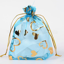 Sacs en organza imprimé cœur, sacs-cadeaux, rectangle, lumière bleu ciel, 12x10 cm