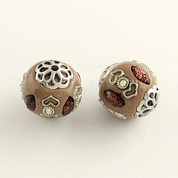 Round Handmade Rhinestone Indonesia Beads, with Antique Silver Plated Alloy Cores, Camel, 18~19x20mm, Hole: 2mm