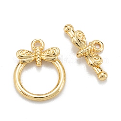 Brass Toggle Clasps, Long-Lasting Plated, Ring with Dragonfly, Real 18K Gold Plated, Ring: 16x12x2mm, Hole: 1.2mm, Bar: 7x17x3.5mm, Hole: 1.2mm