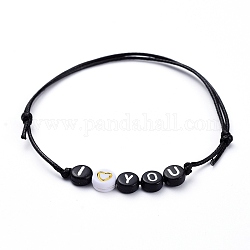 Bracelets en perles de polyester ciré ajustables, pour la Saint Valentin, avec des perles acryliques rondes plates, mot je t'aime, noir, diamètre intérieur: 2-1/8 pouce ~ 3-7/8 pouces (5.5~10 cm)