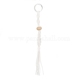 Cordon de coton ciré tressé pochette en macramé porte-pierre vide pour la fabrication de porte-clés pendentif, avec perles en bois et 304 porte-clés fendu en acier inoxydable, blanc, 20.3 cm