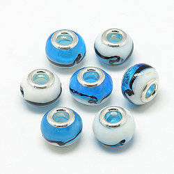 Perles européennes vernissées manuelles, avec doubles noyaux de cuivre, Perles avec un grand trou   , rondelle, platine, Dodger bleu, 14~14.5x10~11mm, Trou: 5mm